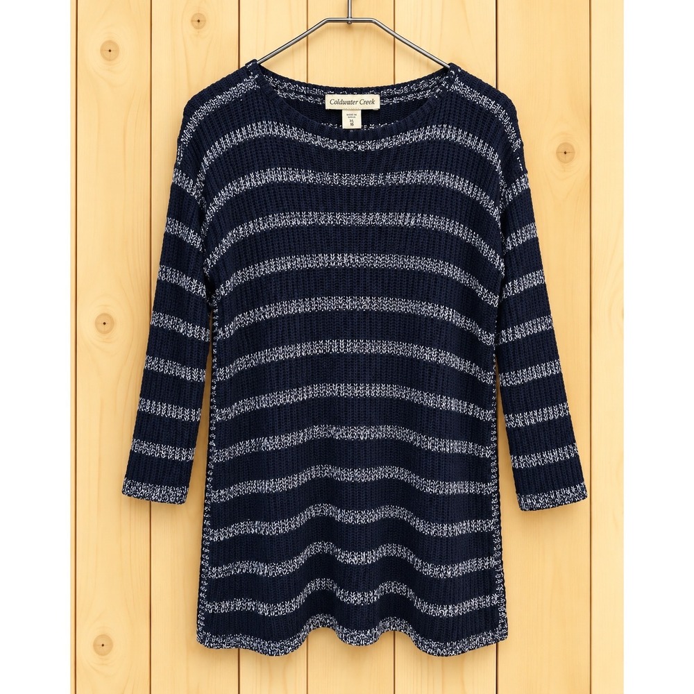 Coldwater Creek Navy Blue White Striped Ribbed Knit Tunic Sweater Womens XL 16